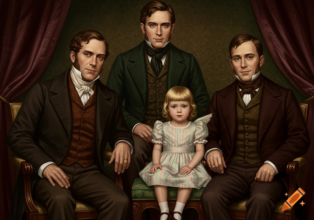 A Victorian-era family portrait featuring three men and a small blonde girl in formal attire, posed indoors.