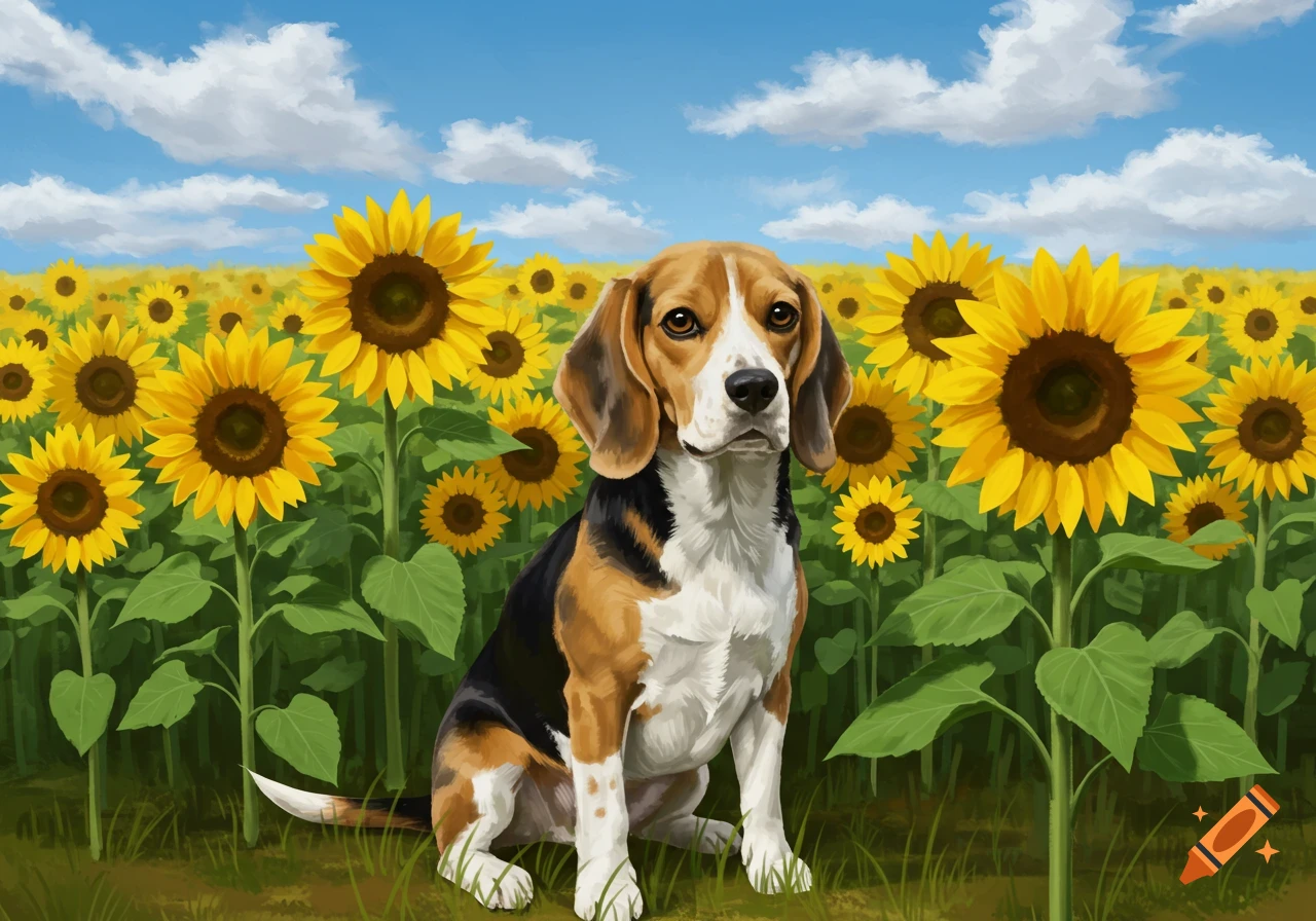 A tri-color beagle sits in a field of bright yellow sunflowers under a blue sky, in a painterly illustration style.