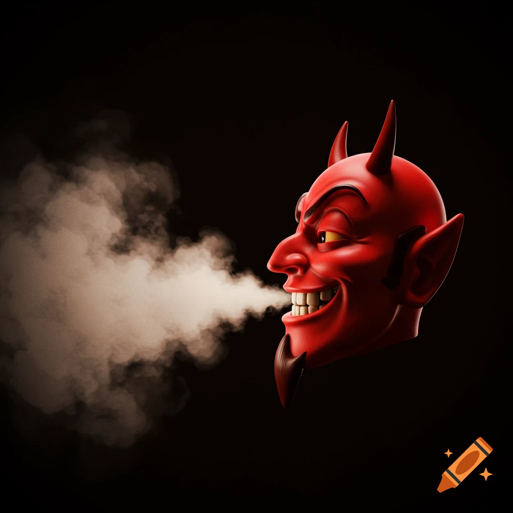 A stylized red devil's head in profile exhaling smoke on a black background.