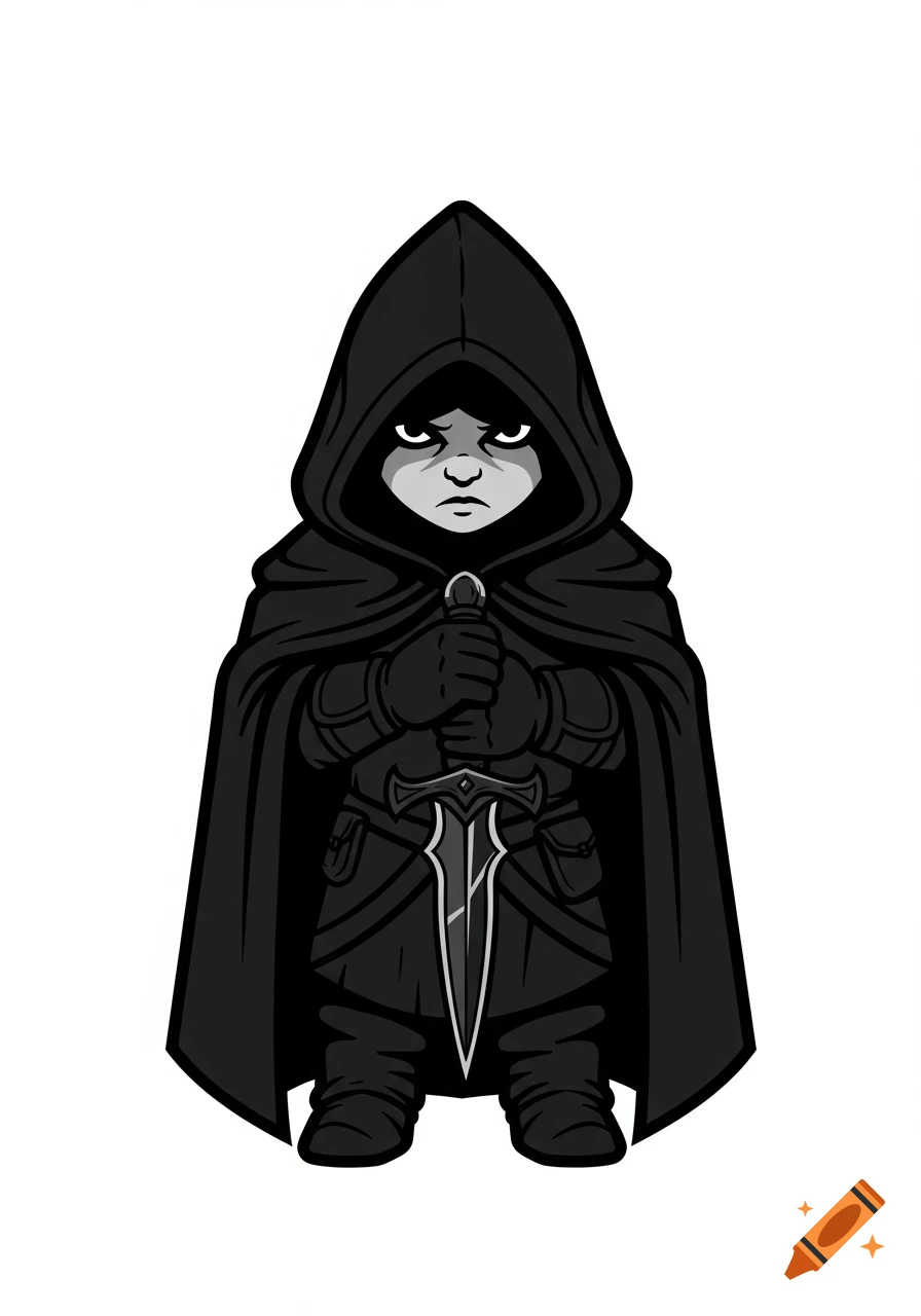 A stylized illustration of a stern-faced fantasy gnome assassin in a black hooded cloak, holding an obsidian-bladed dagger.