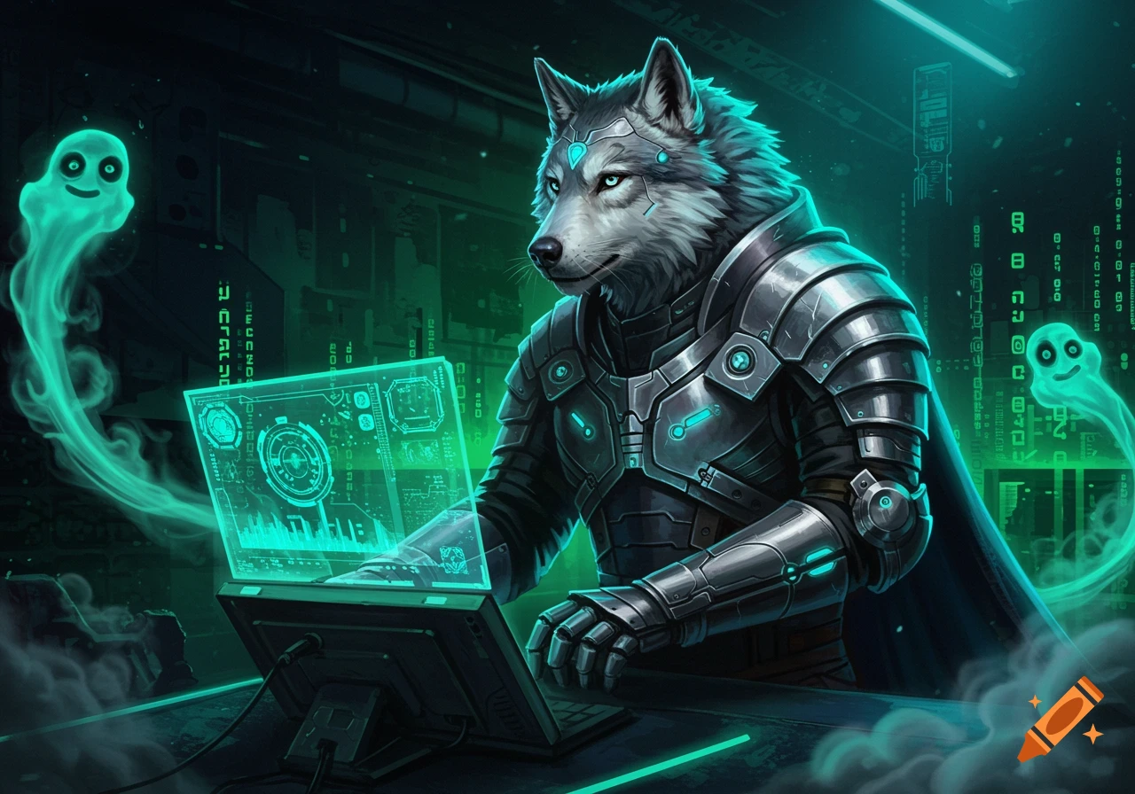 An anthropomorphic wolf in futuristic armor uses a glowing green holographic laptop, surrounded by glowing ghost figures and digital code in a dark, tech-filled setting.