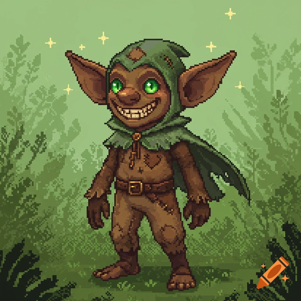 A smiling, green-eyed goblin in pixel art style, wearing a patched green hood and brown clothing, stands in a forest.
