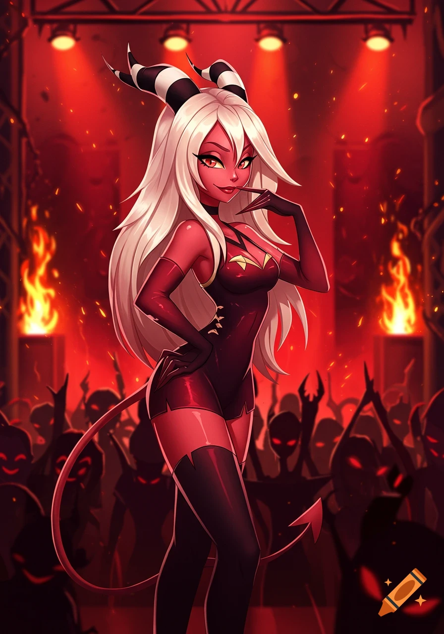 A white-haired succubus with striped horns and red skin in a dark stage outfit poses in front of a red-lit audience.
