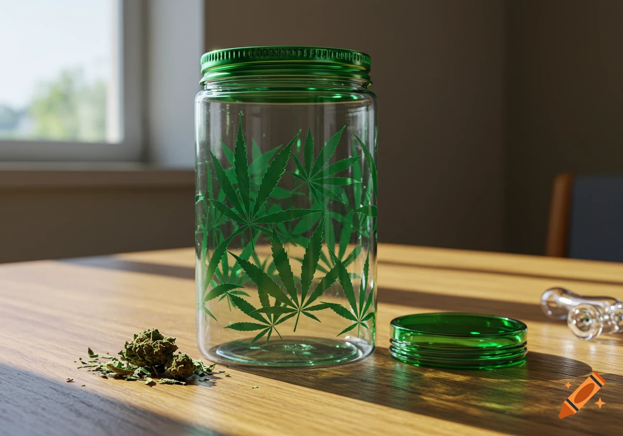 A photorealistic image of a clear glass jar with marijuana leaf decals, cannabis buds, and a glass pipe on a wooden table.