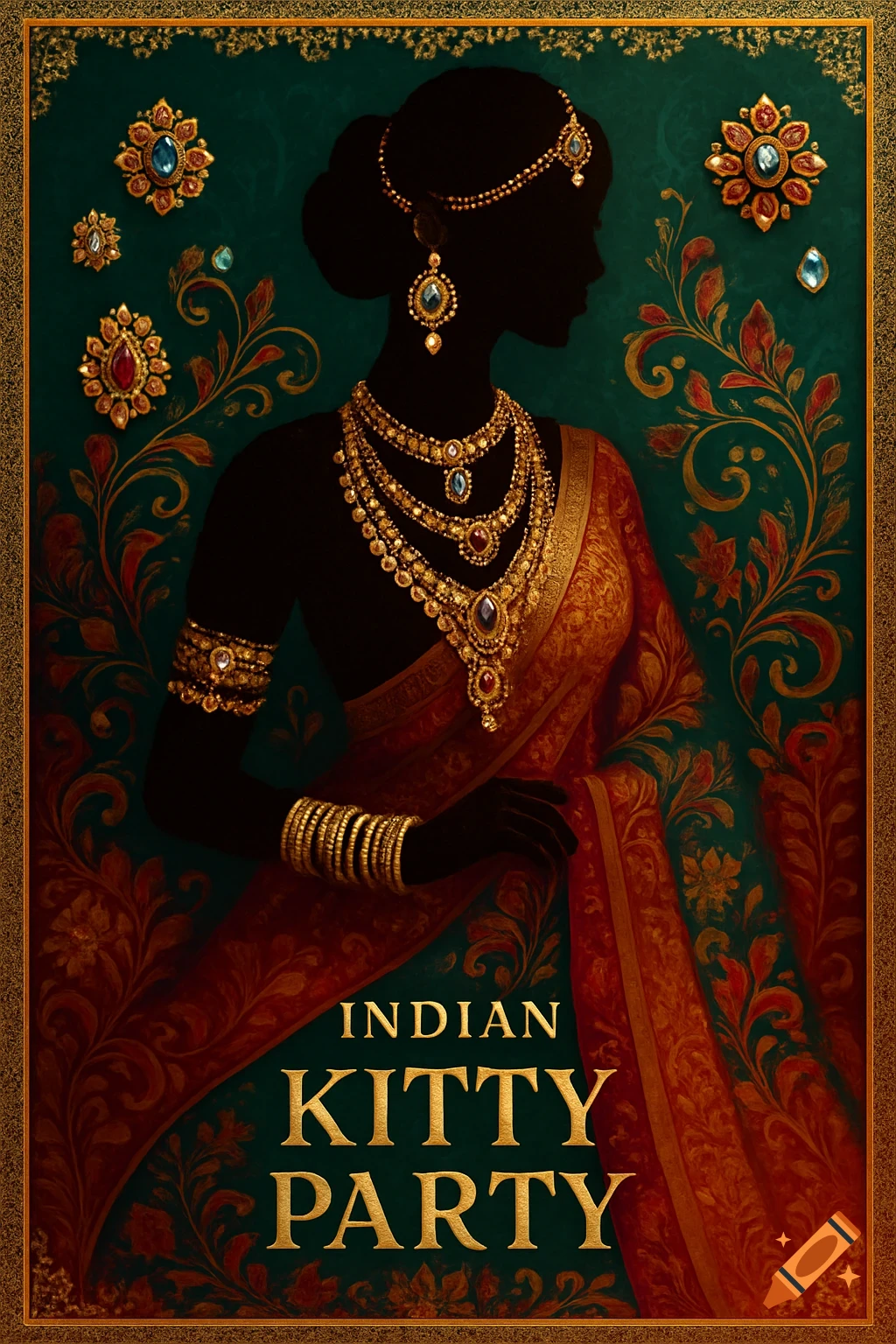 Silhouette of an Indian woman adorned with intricate gold jewelry, wearing a red and gold saree, against a dark teal background with gold floral patterns. The text "INDIAN KITTY PARTY" is at the bottom.
