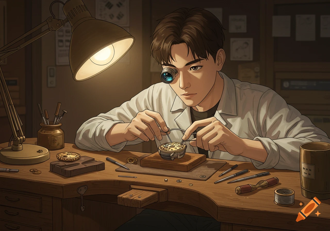 A young Korean watchmaker with a loupe on his eye meticulously repairs a wristwatch at a wooden workbench, surrounded by tools, in anime style.
