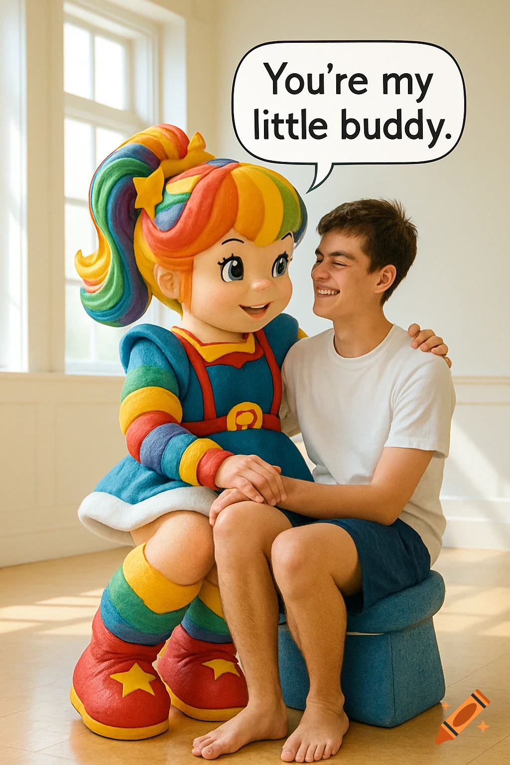 A teenage boy sits on the lap of a Rainbow Brite mascot in a bright room. The mascot says, 'You're my little buddy.'