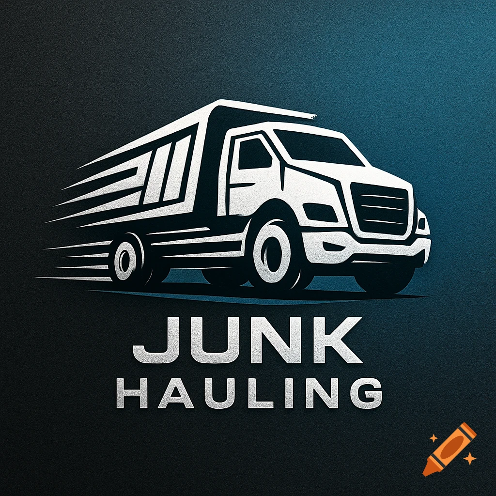A white stylized logo of a fast-moving dump truck with 'JUNK HAULING' text below it on a dark blue background.