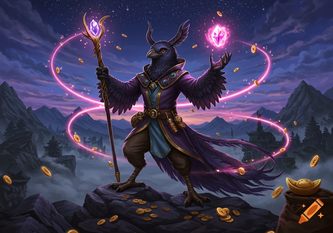 A kenku sorcerer on a mountain peak, staff in hand, casting a spell with glowing pink magic and gold coins.