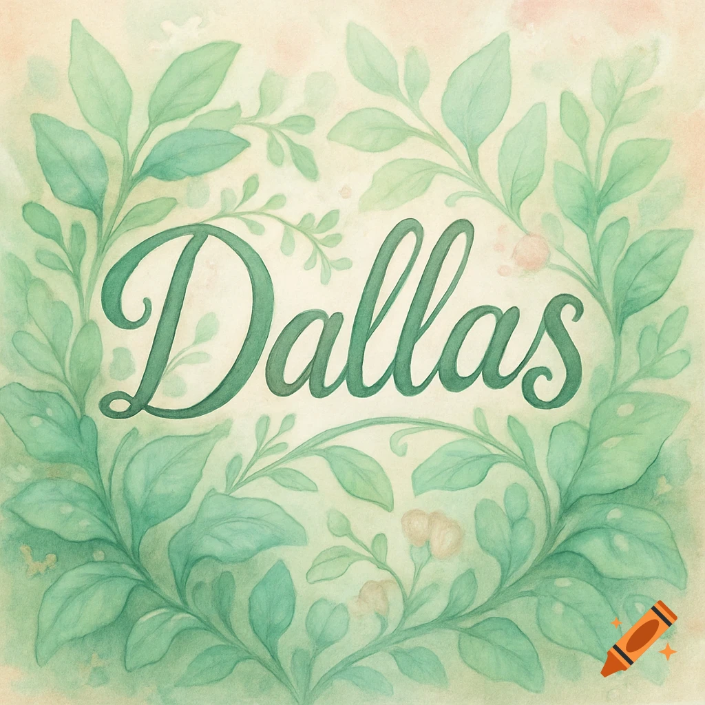 Watercolor painting of the name 'Dallas' in green script, surrounded by a wreath of green leaves and small flowers.