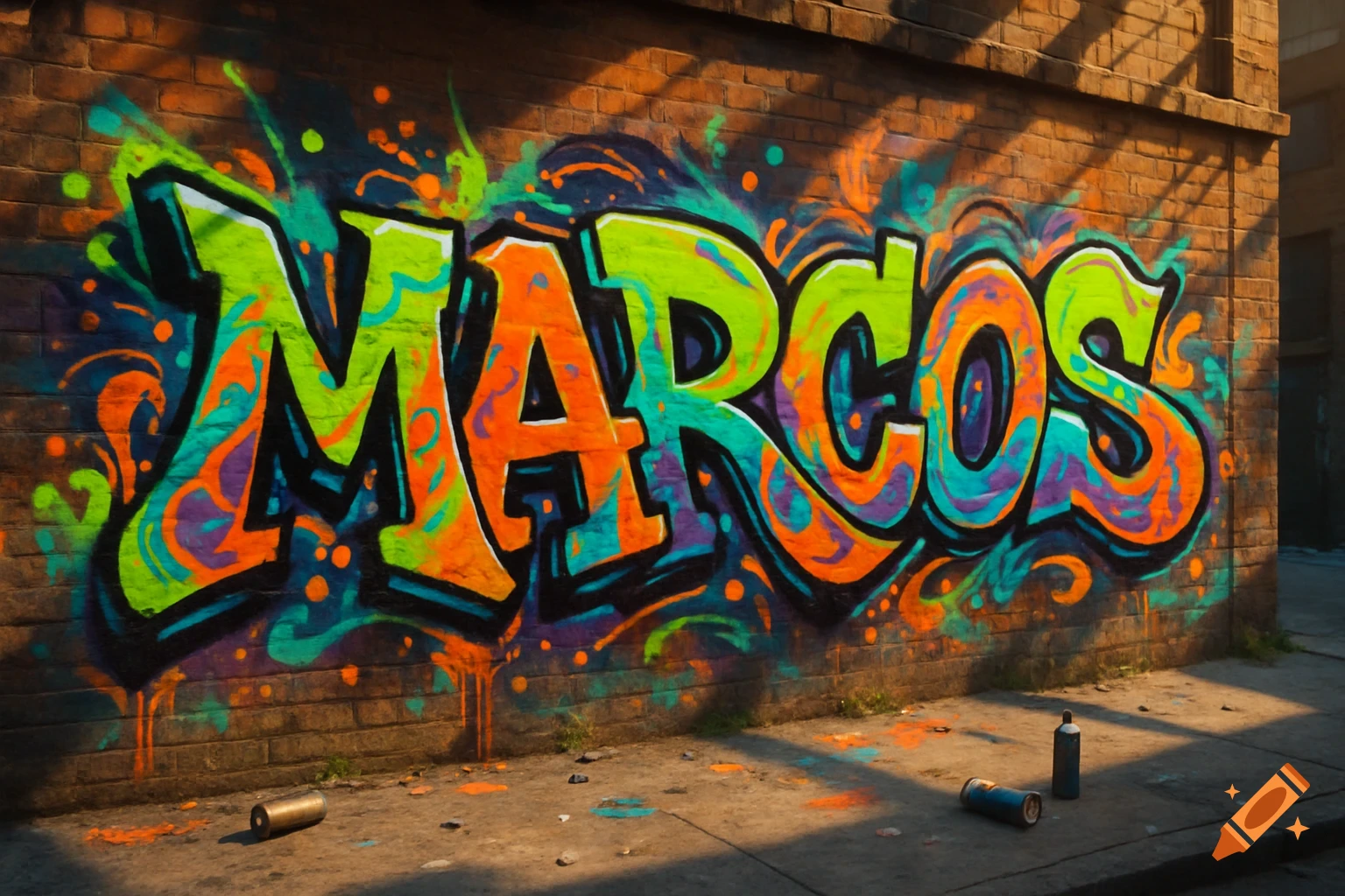 Colorful graffiti of the name MARCOS on a brick wall with spray cans on the ground.