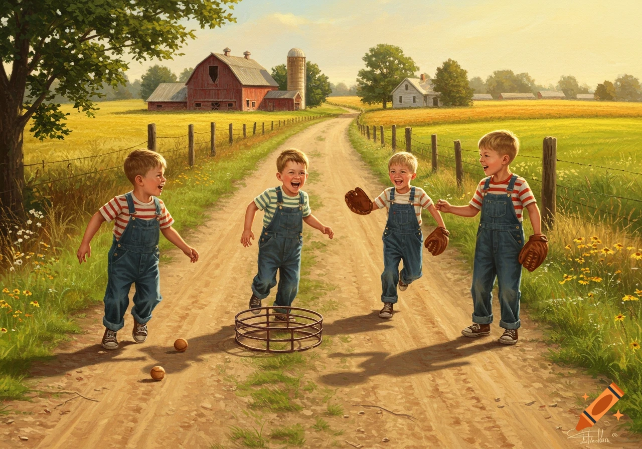 Four young boys in overalls play with baseballs and a metal hoop on a dirt road in a sunny rural landscape with a red barn.