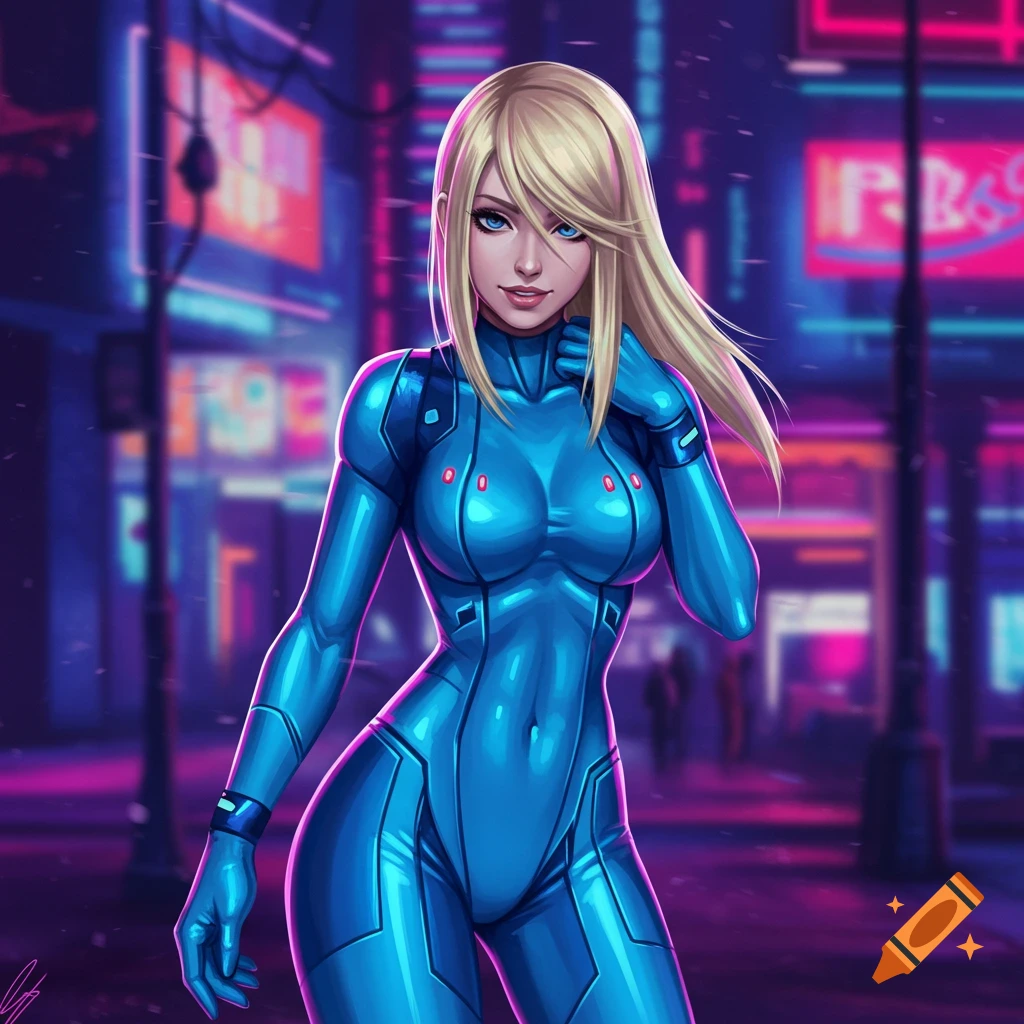 Blonde woman in a blue shiny futuristic jumpsuit with a seductive smile standing in a neon-lit city street at night.