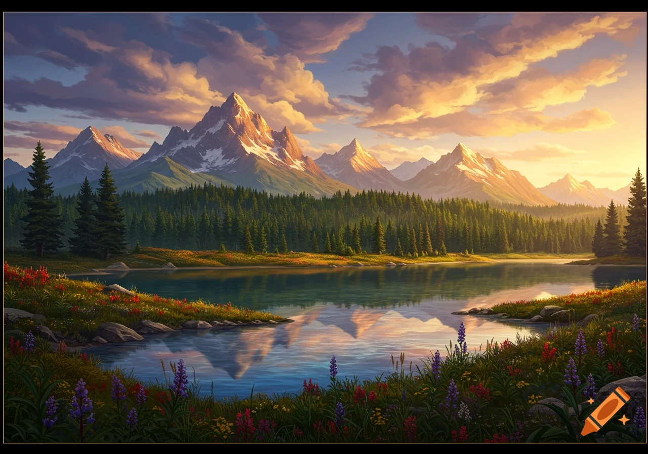 A vibrant painting of snow-capped mountains reflected in a clear lake, surrounded by a green forest and colorful wildflowers at sunrise.