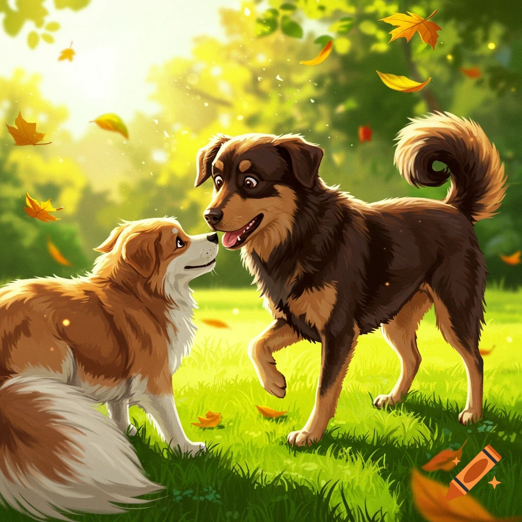 An illustration of two dogs playing in a sunny park with falling autumn leaves.