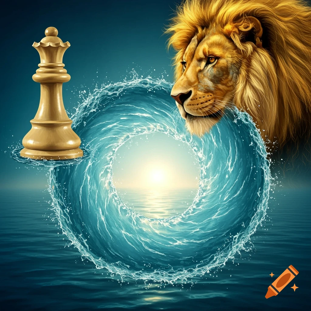 A lion's head and a queen chess piece flank a circular water vortex with a bright center, above calm water.