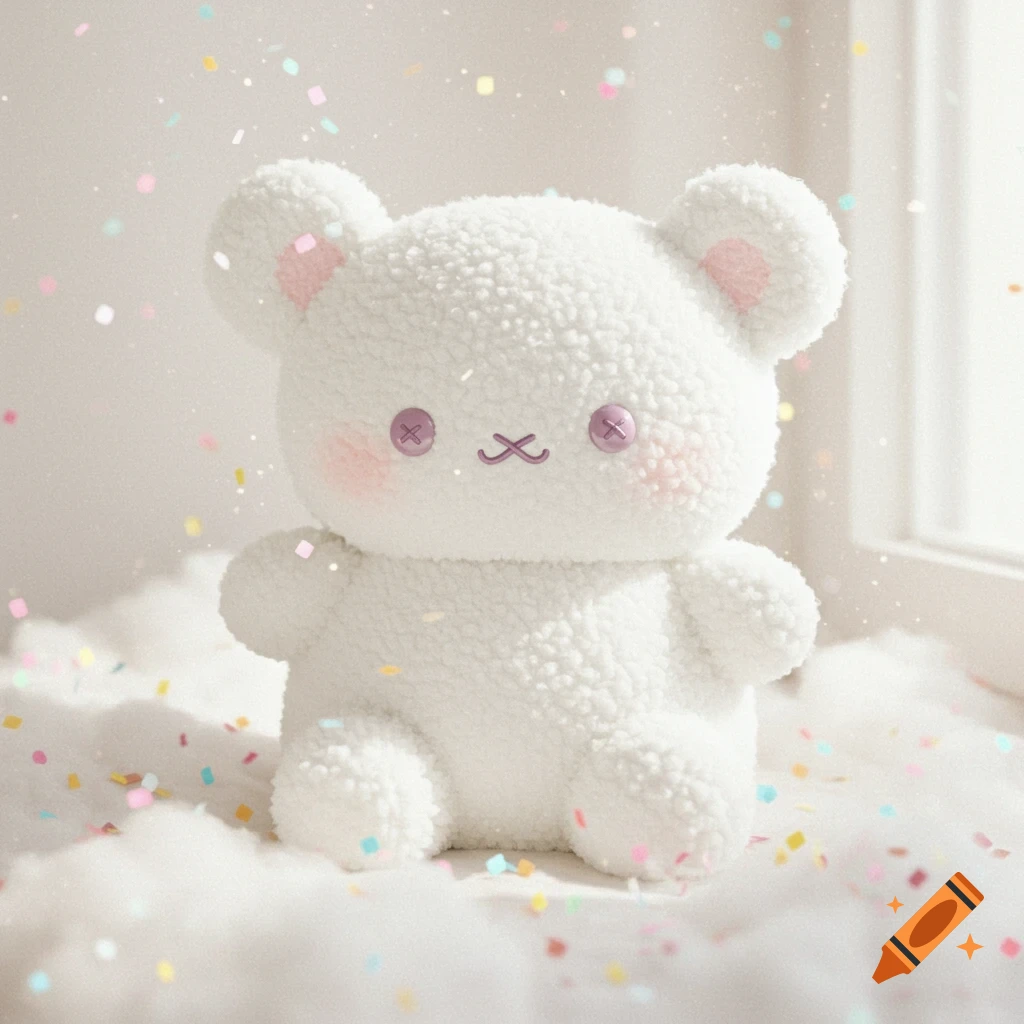 A fluffy white teddy bear with button eyes and pink cheeks sits on white clouds surrounded by colorful confetti in a bright, soft style.