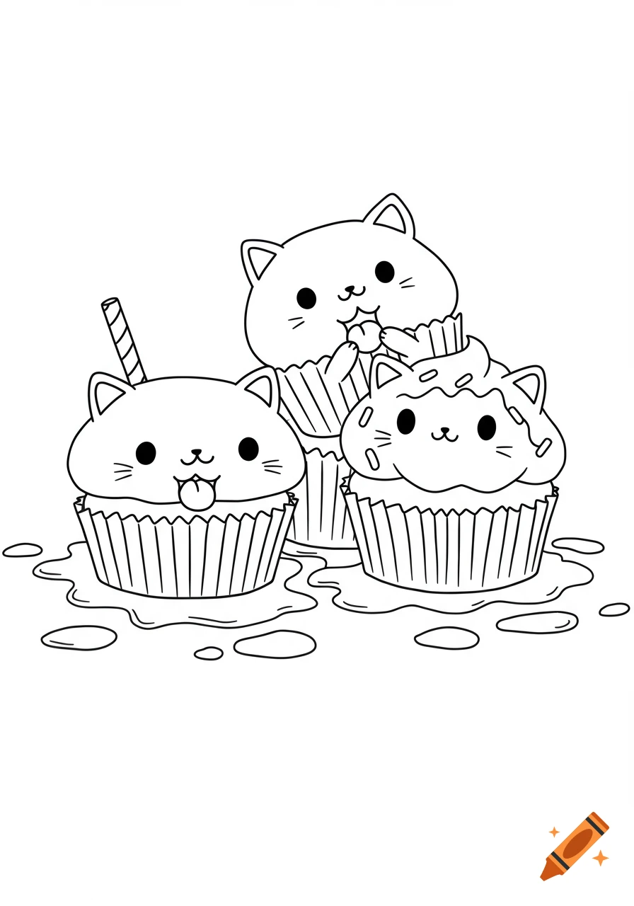 A simple black and white line art drawing for a coloring book shows three adorable cat-shaped cupcakes.