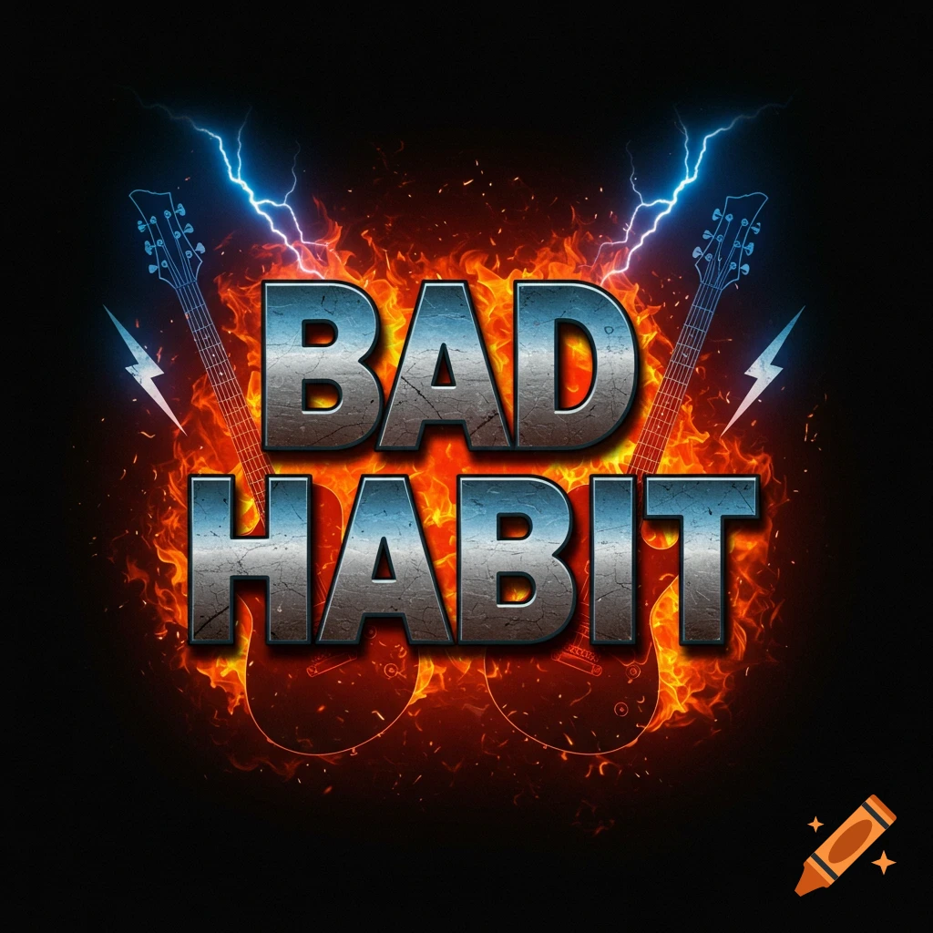 A rock and roll logo featuring the words 'BAD HABIT' in metallic text, surrounded by fire, blue lightning bolts, and guitar necks.
