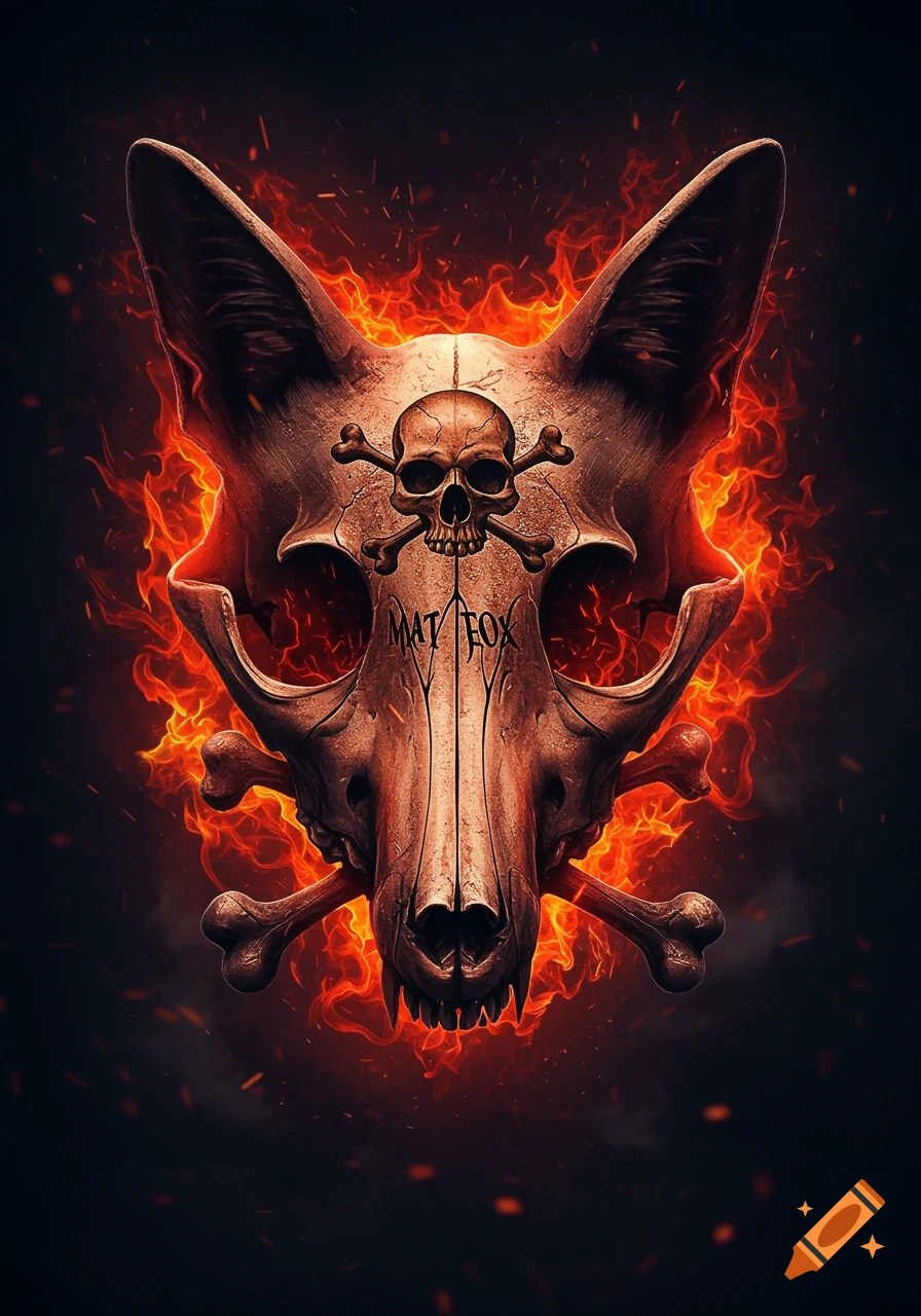 A stylized fox skull with a small human skull and crossbones on its forehead, engulfed in vibrant orange flames.