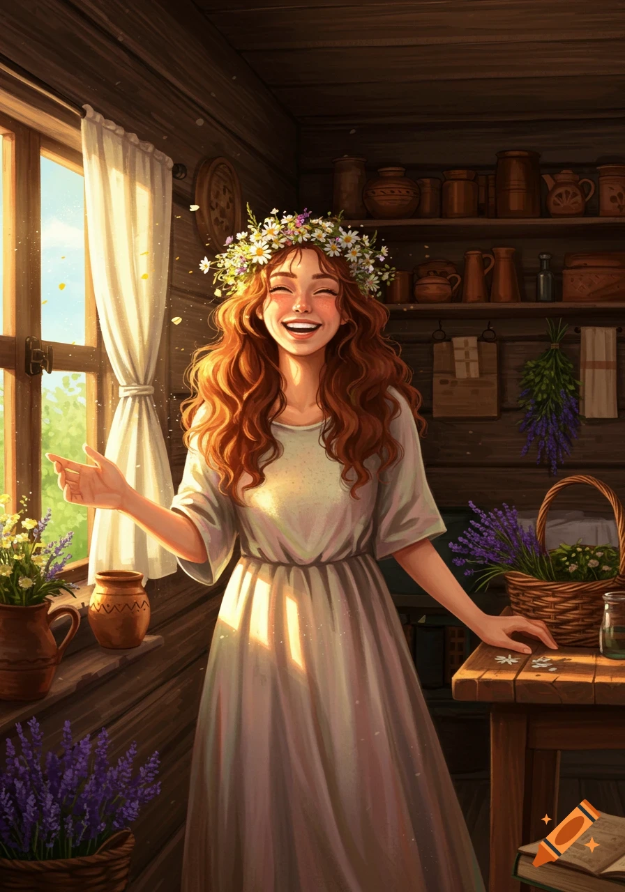 Artsy portrait of a cheerful woman with long red hair and a flower crown in a rustic cottage setting, bathed in sunlight.