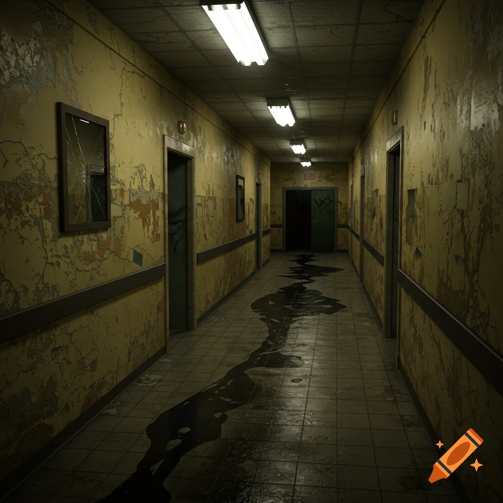 A long, dark, and eerie hallway in a dilapidated building with peeling yellow paint, a cracked mirror, and a dark, liquid trail on the tiled floor.
