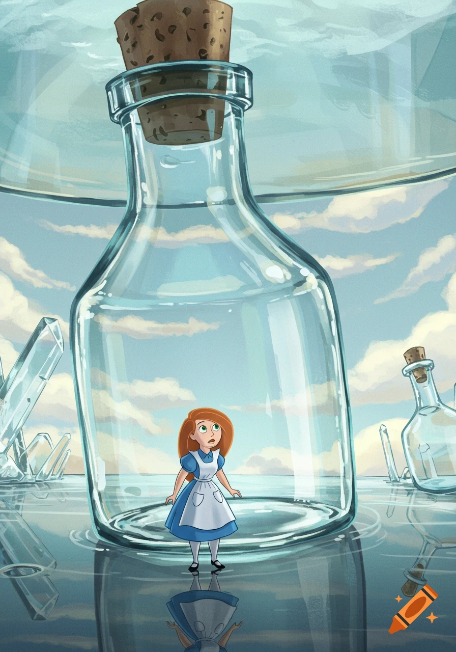 A cartoon woman resembling Kim Possible in an Alice in Wonderland dress stands tiny inside a giant glass bottle, looking up at a glass table.