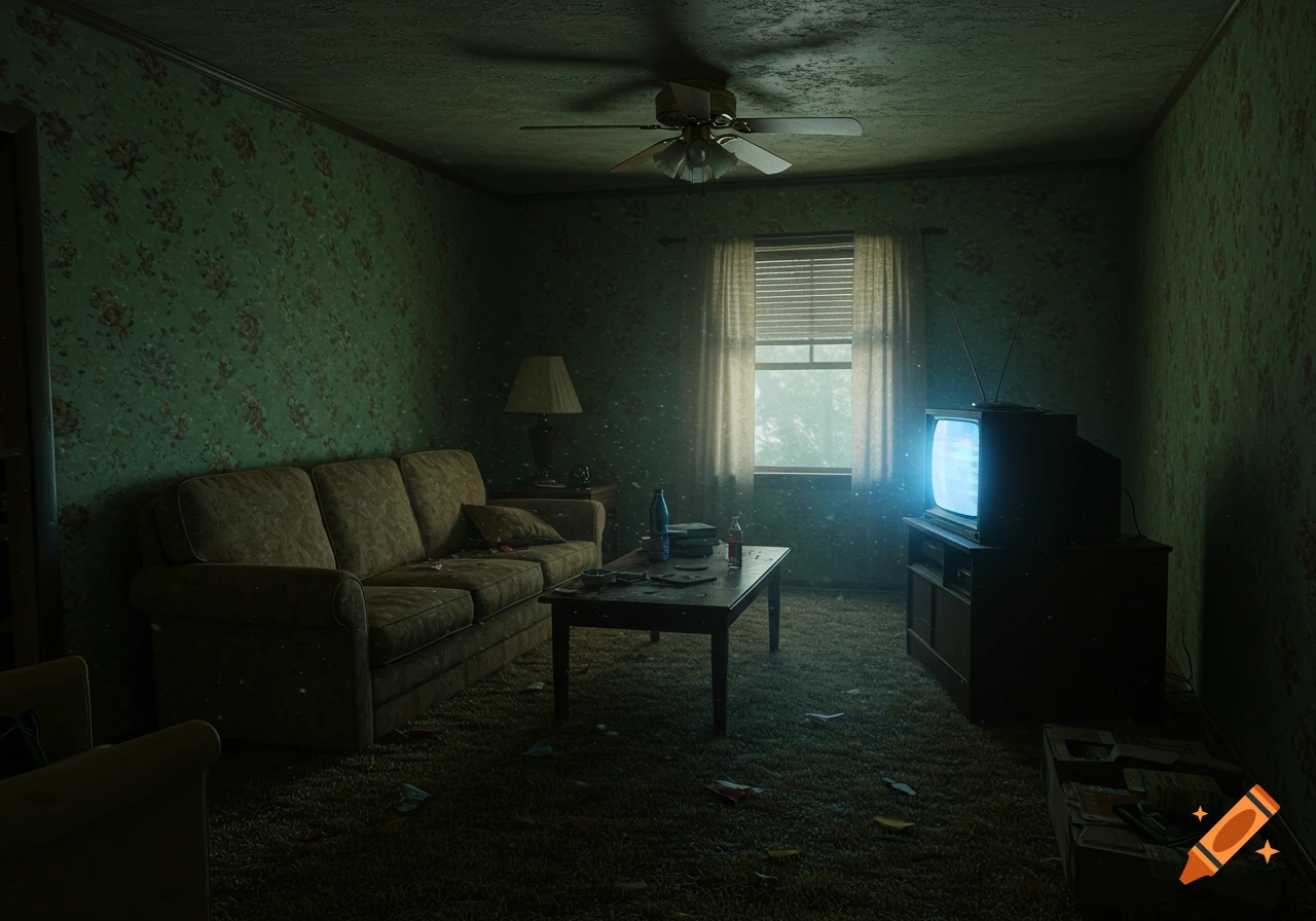 A dimly lit, vintage living room with green floral wallpaper, a brown sofa, a cluttered coffee table, and an old glowing CRT TV.