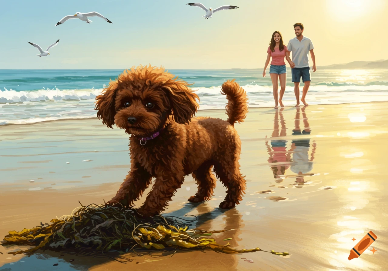 A brown poodle plays with seaweed on a sunny beach, with a couple and seagulls in the background. Illustrated.