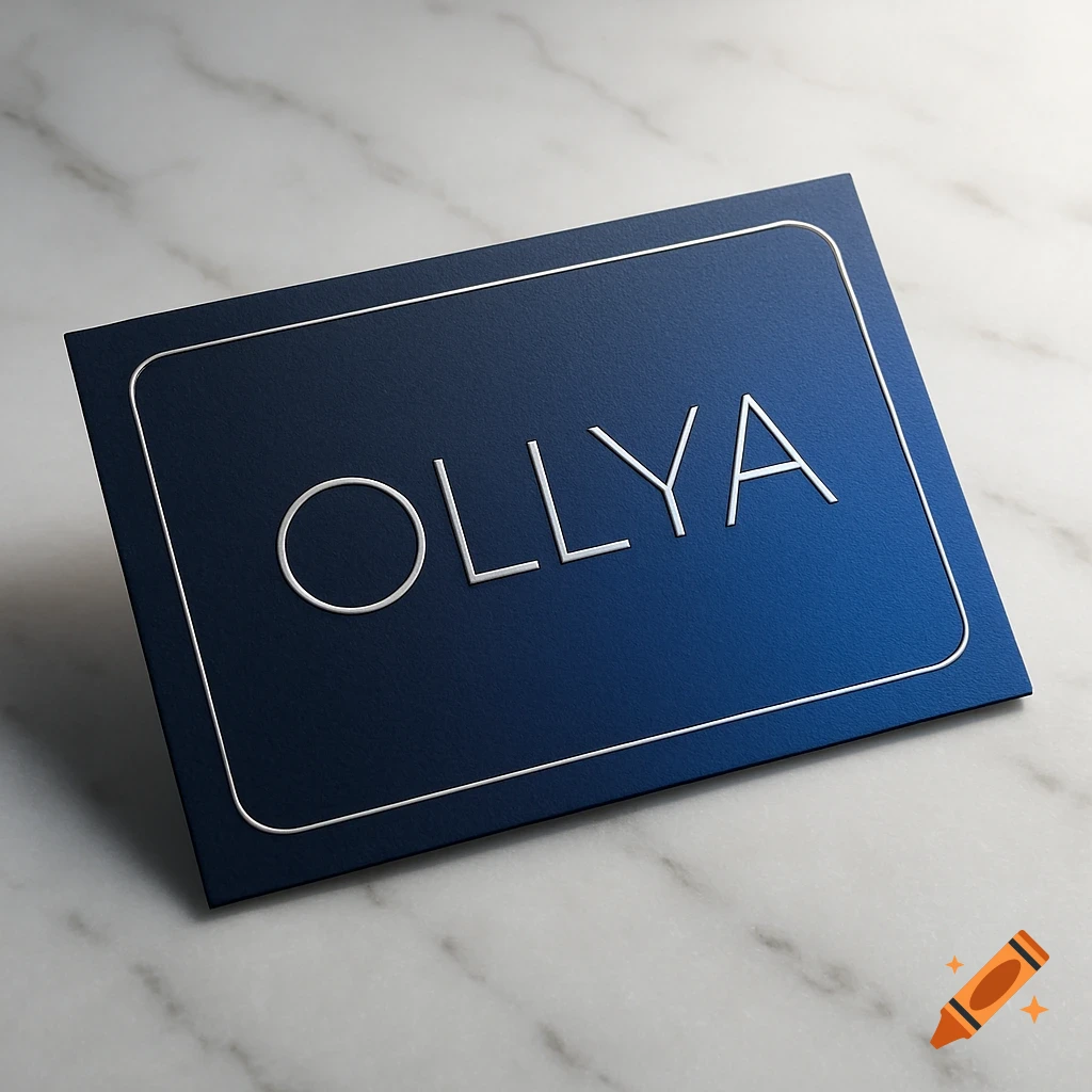 A dark blue business card with the name OLLYA in white, on a white marble surface.