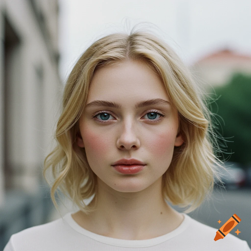 A close-up photorealistic portrait of a young blonde woman with blue eyes, looking directly at the viewer.