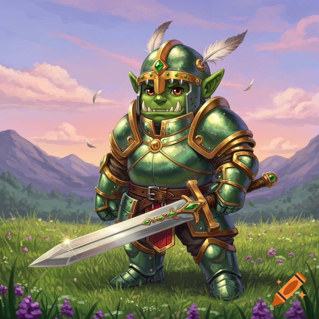 A cute, short green orc paladin in detailed green and gold armor stands in a vibrant green field, holding a gleaming sword, with mountains and a sunset sky in the background. Digital art.