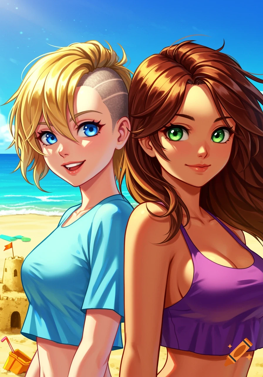 Anime art of two girls at a sunny beach. One blonde with an undercut and blue eyes, the other with brown hair and green eyes.