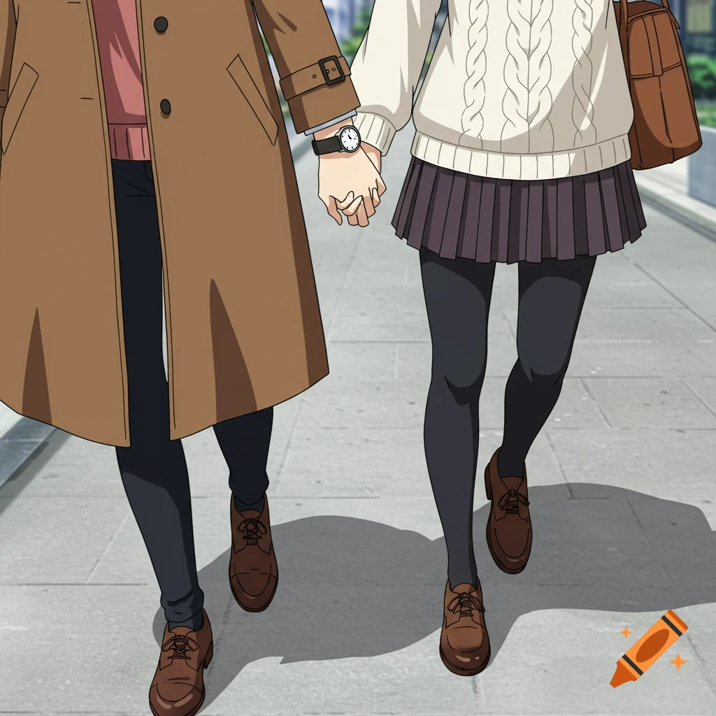 Anime style image of two people, one in a brown coat and one in a white sweater and skirt, holding hands while walking on a city street.