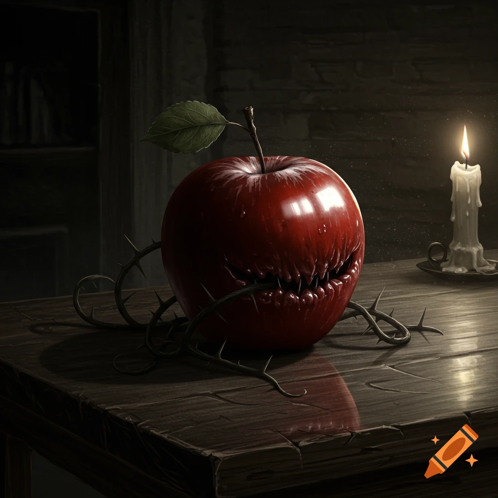 A dark still life features a red apple with sharp teeth and thorny vines on a wooden table next to a lit candle.