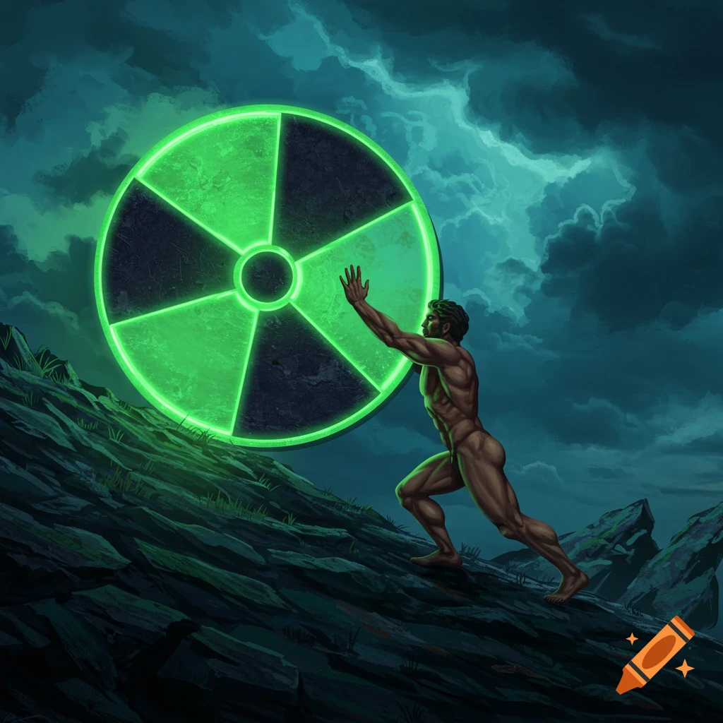 A muscular man resembling Sisyphus pushes a glowing green radiation symbol up a dark, rocky hill under a stormy sky.