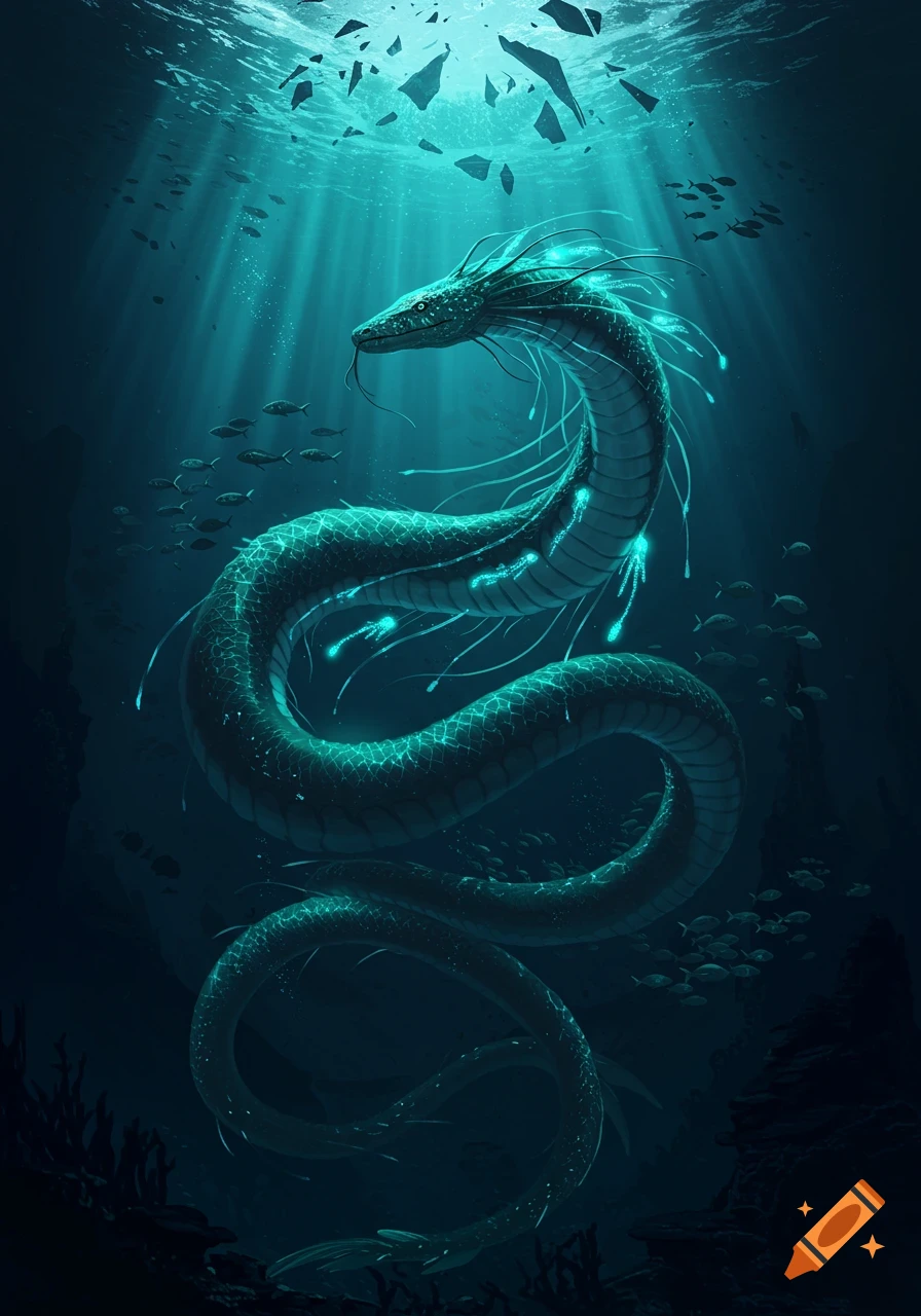 A giant bioluminescent sea serpent with glowing tentacles swims in dark blue depths, illuminated by sunbeams from above.