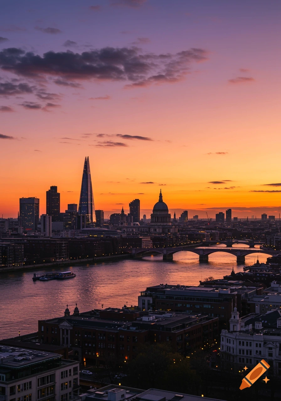 Panoramic view of the London skyline at sunset, featuring The Shard, St. Paul's Cathedral, and bridges over the River Thames.