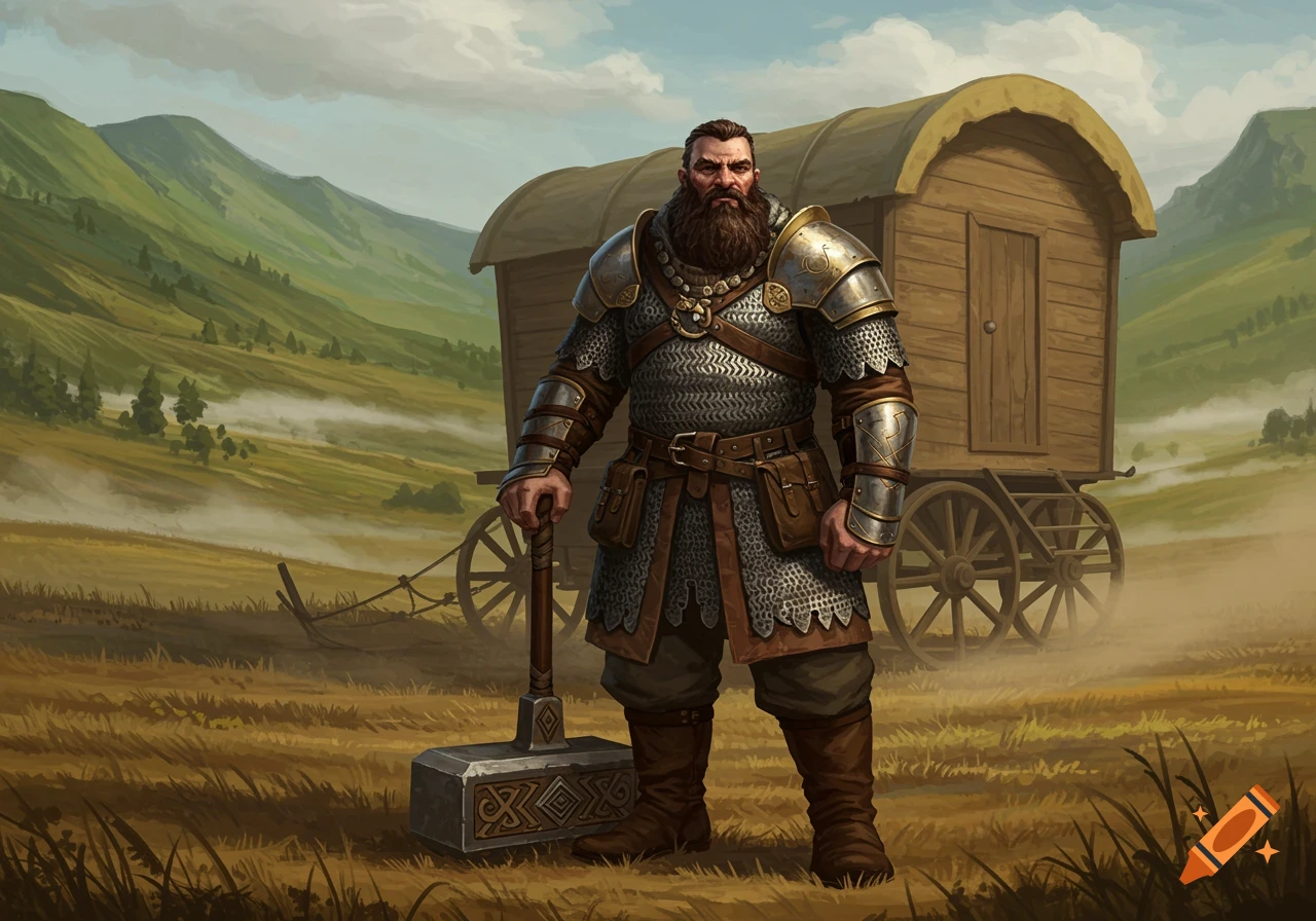 A bearded soldier in chainmail armor holds a war hammer next to a wagon in a grassy valley.