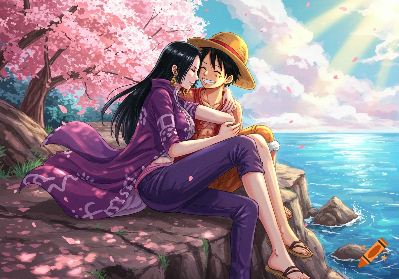 Hancock and Luffy from One Piece hugging under cherry blossoms by the ocean, anime style.