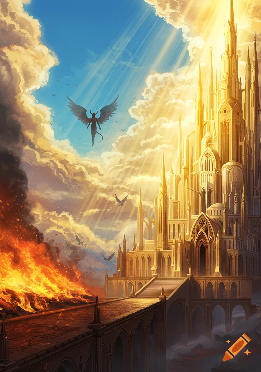 A grand, golden palace bathed in light, contrasted by a fiery inferno on the left. A winged, horned silhouette flies in the sky.
