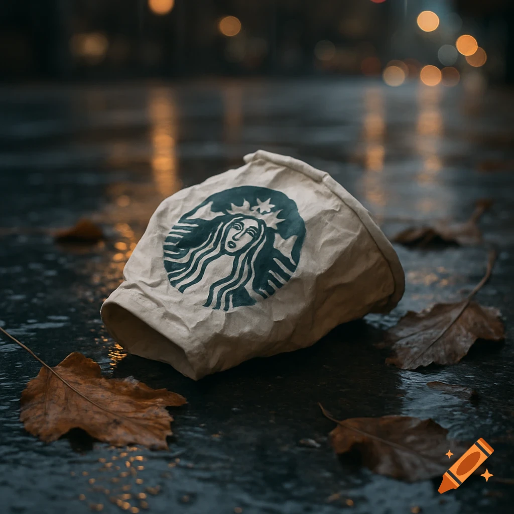A crumpled Starbucks cup lies on a wet, dark surface with fallen brown leaves and blurred lights in the background, photorealistic.