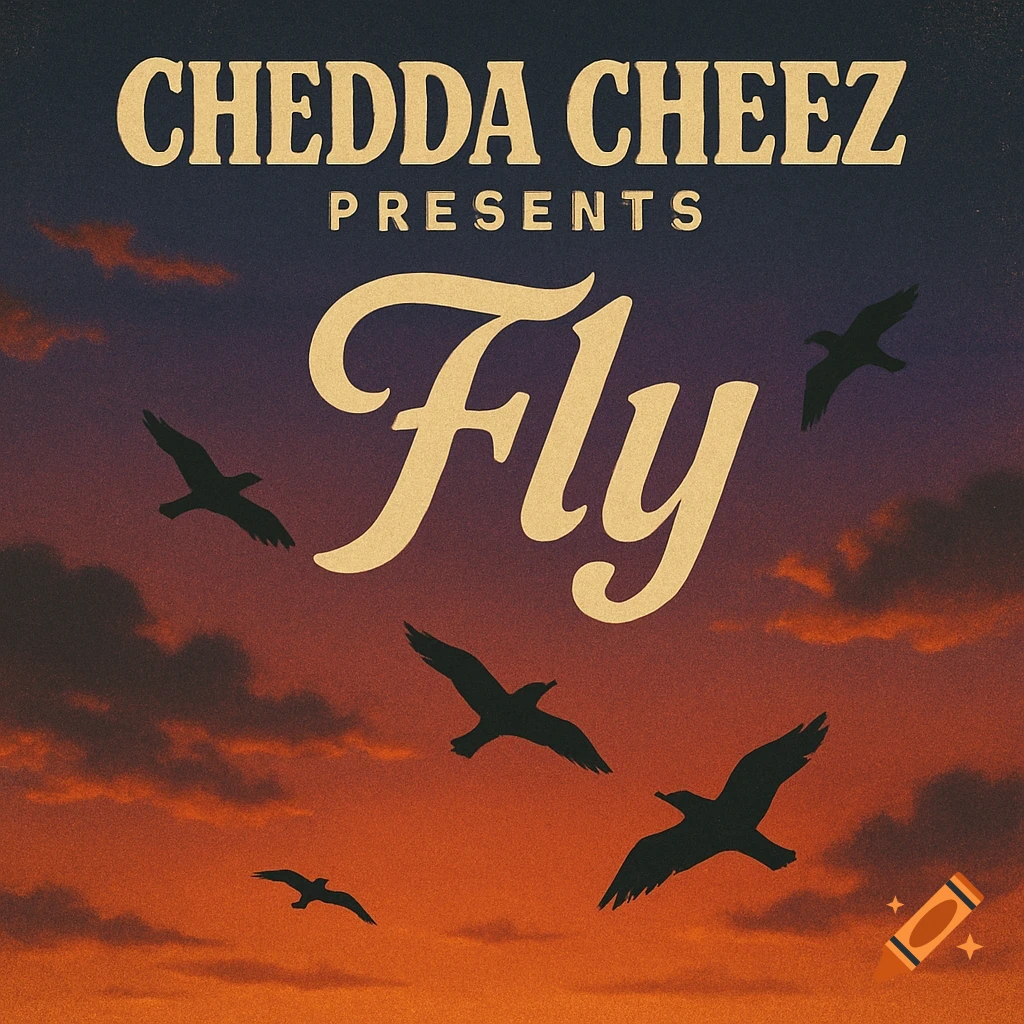 Retro cover art featuring text "Chedda Cheez Presents Fly" above silhouetted birds flying at sunset.
