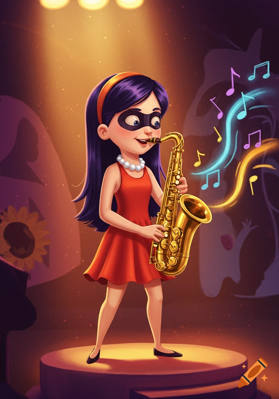 Cartoon illustration of Violet from The Incredibles wearing a red dress and mask, playing a golden saxophone on a lit stage with musical notes floating around.