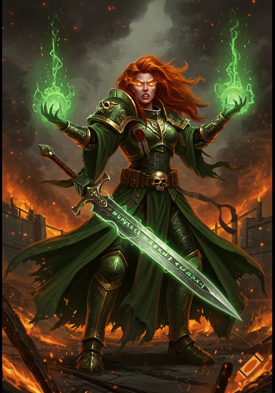 A powerful red-haired female Psyker in green armor, with glowing orange eyes, stands holding a glowing green sword amidst a fiery, war-torn landscape.