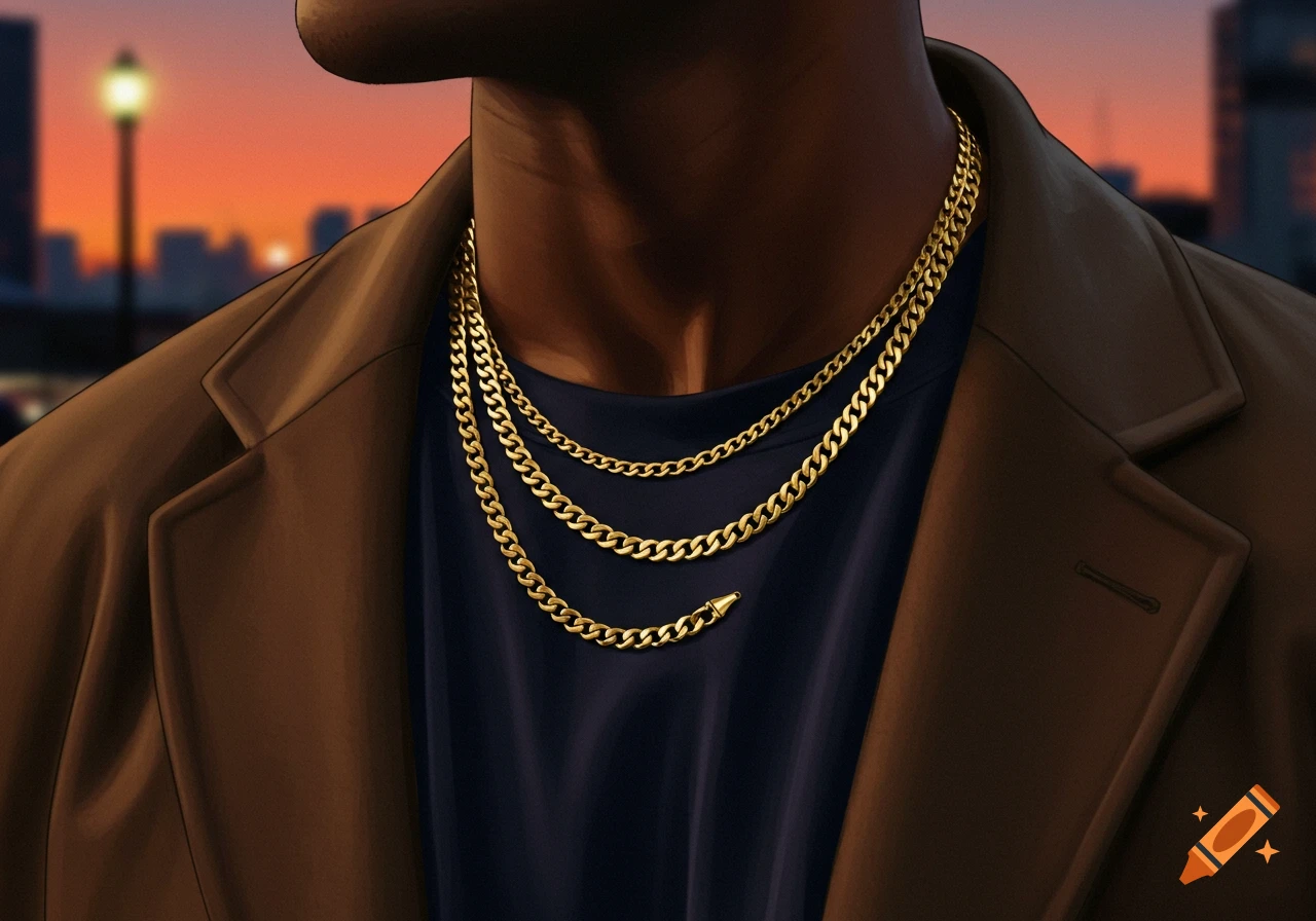 A close-up of a person wearing a brown jacket, navy shirt, and layered gold chains against a sunset city backdrop. Illustrative style.