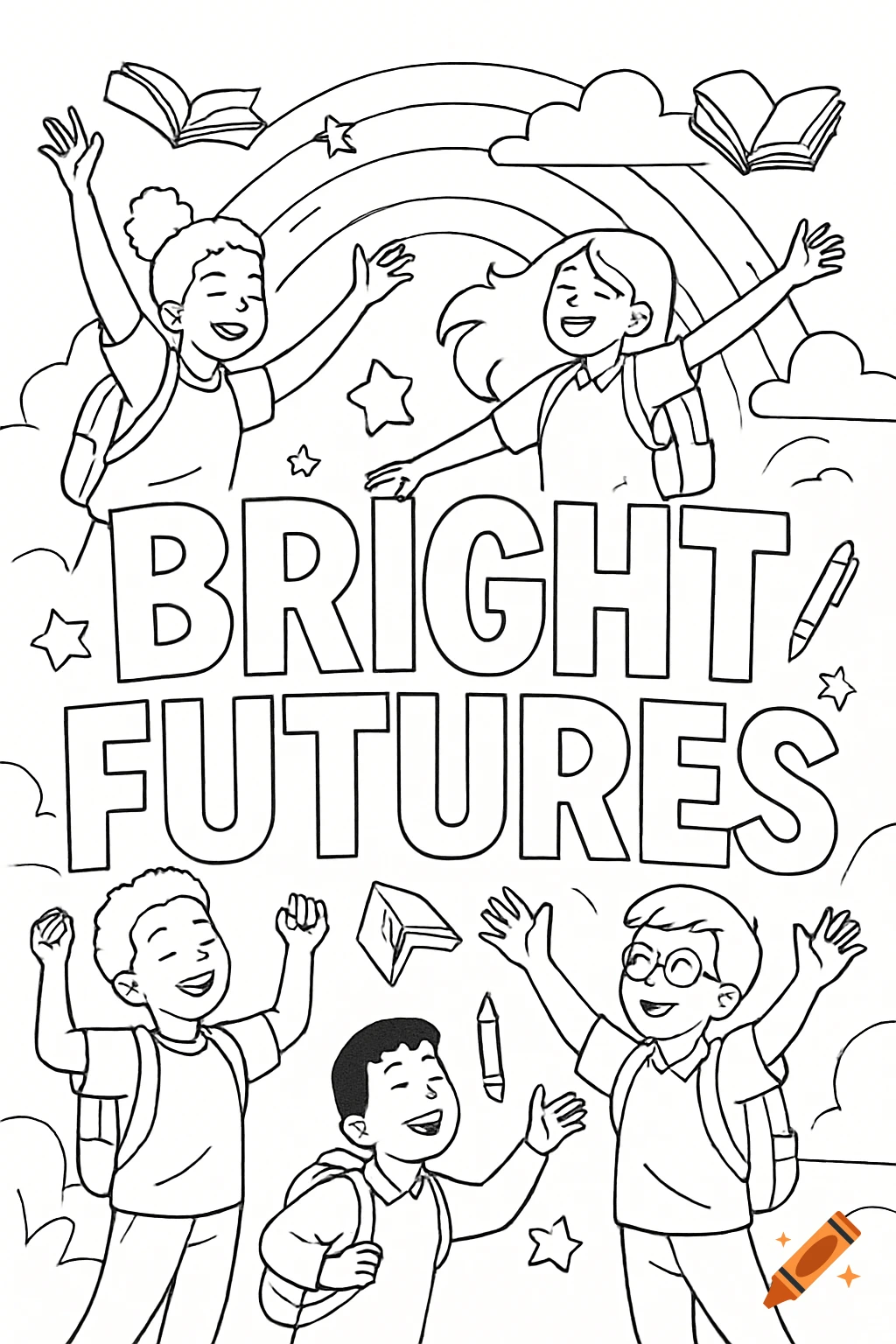 Outline drawing of excited students with backpacks, arms raised, surrounded by school items, a rainbow, and the text 'BRIGHT FUTURES'.