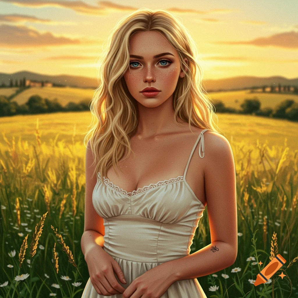A beautiful blonde woman with blue eyes stands in a golden wheat field with daisies at sunset, looking forward.