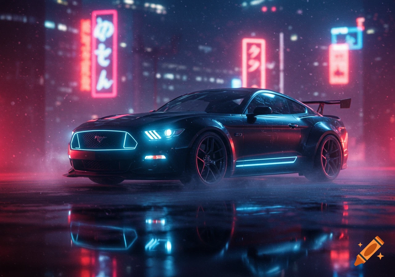 A sleek black modified Mustang GTD with glowing blue neon accents parked on a wet street at night, reflecting city lights and Japanese neon signs.