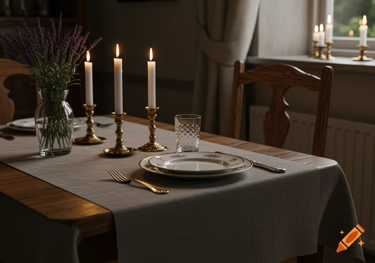 A close-up of a dining table set with a plate, silverware, a glass, three lit candles in brass holders, and a vase of lavender, in a dimly lit room.